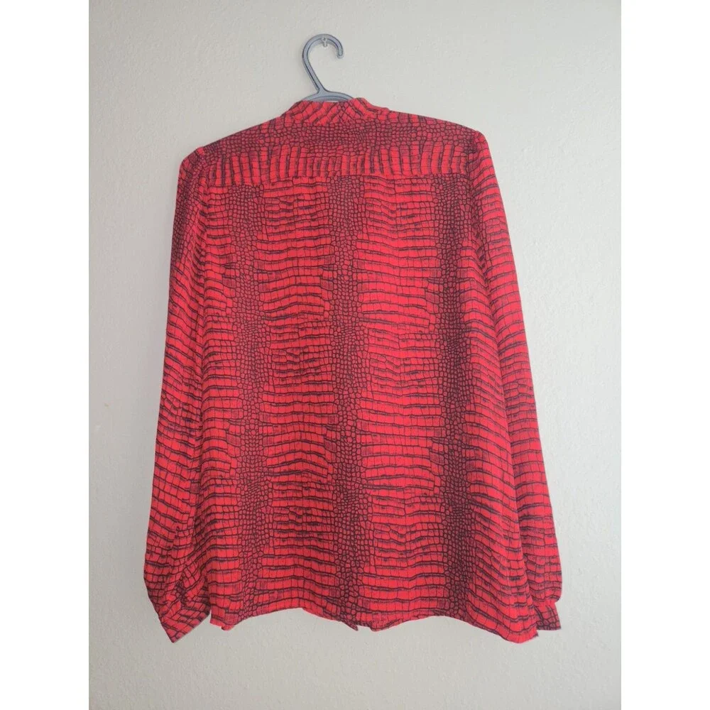 ​MICHAEL KORS Red Black Crocodile Print Blouse Women's Size Small S Long Sleeve